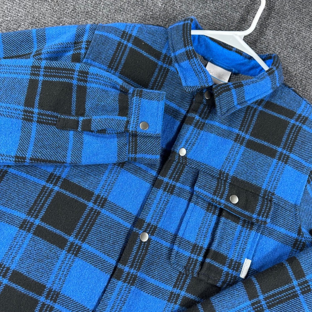 Columbia Shirt Jacket Boys XL Extra Small Blue Black Plaid Fleece Lined Flannel